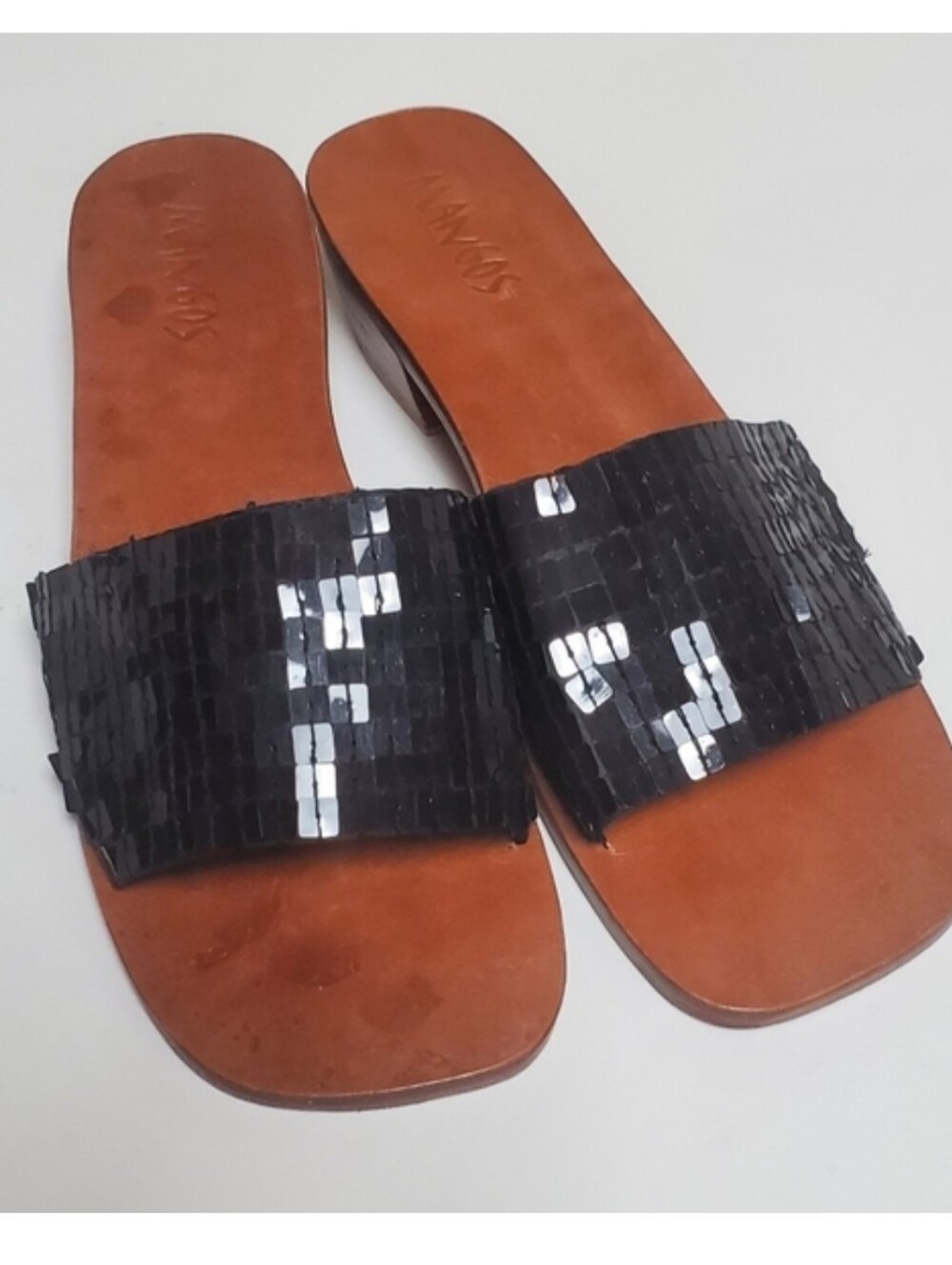 Vintage 1990's Mangos Black Sequined Leather Slide Sandals Size 8